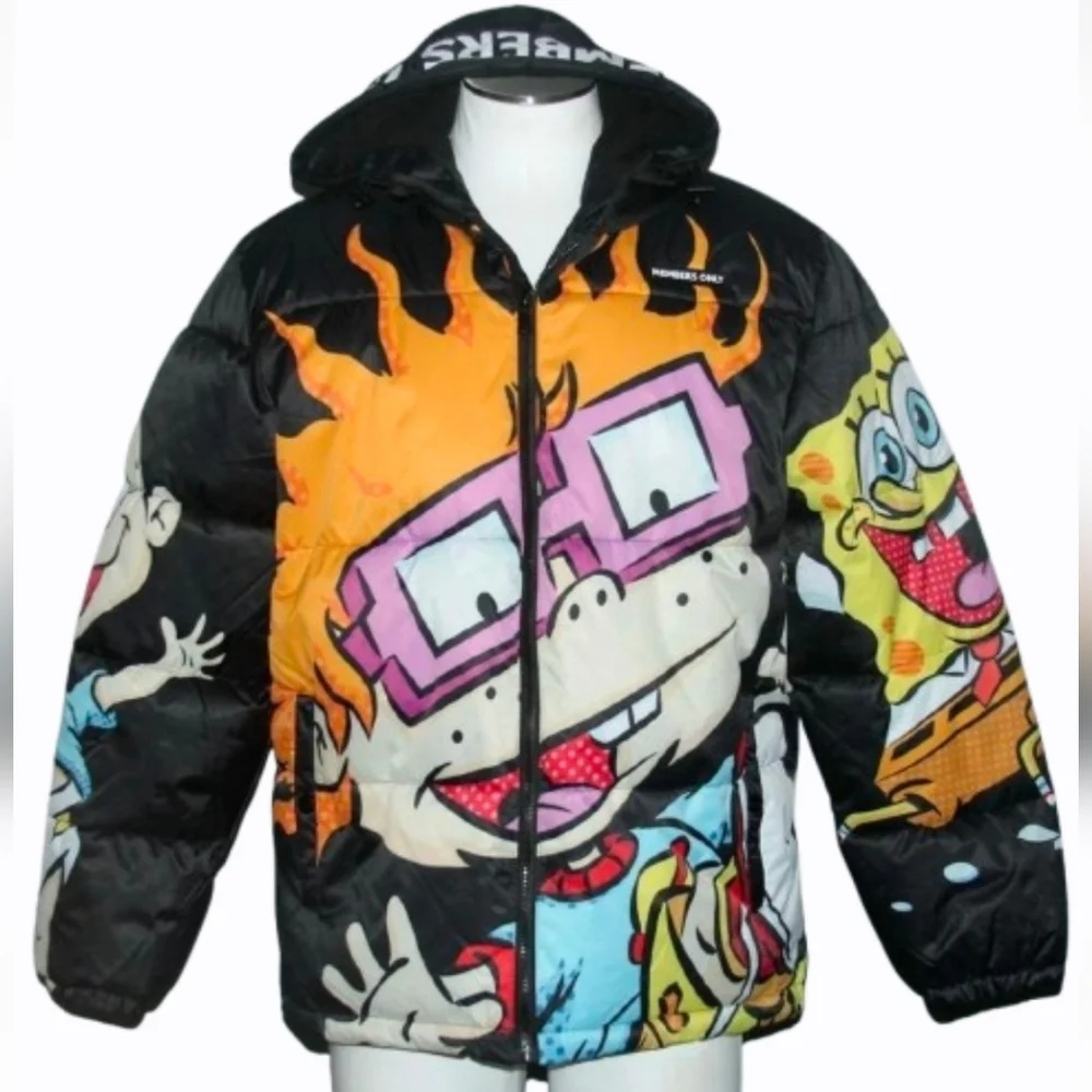 Members Only Puffer Jacket Men‎ Medium Black Nickelodeon Chuckie SpongeBob Print